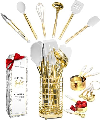 Styled Settings White and Gold Kitchen Utensils Set, 15-Piece | BPA free, Non-Scratch, Silicone Utensils Set Includes Measuring Cups and Spoons, White and Gold Kitchen Accessories - color: 15 Piece White & Gold