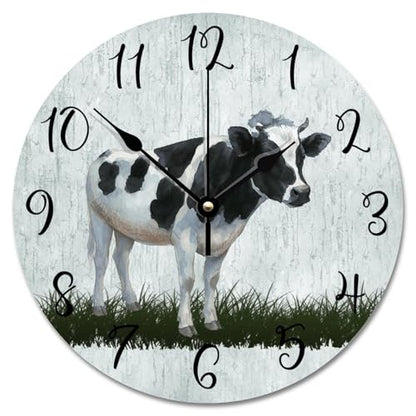 Holstein Cow Wall Clock Milk Cow Clock Kitchen Wall Clock Silent Non-Ticking Wooden Wall Clock Battery Operated Living Room Clock Farmhouse Decor Rustic Home Decor for Office 10 inch