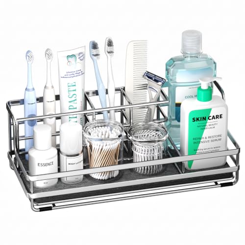 HapiRm Toothbrush Holders for Bathroom - 5 Partitions Bathroom Counter Organizer with Instant Drying Stone, Stainless Steel Countertop Storage Electric Toothbrush Toothpaste Holder - Silver(Large) - color: Silver-large