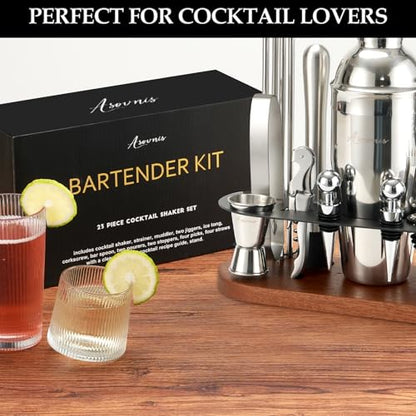 23-Piece Cocktail Shaker Set with Stand, 304 SS, Bartender Kit Gift | Complete Home Bar Set: Leak-proof Shaker, Jigger, Muddler, 18/8 Steel, Gift for beginners, cocktail lovers & house parties - color: brown-y