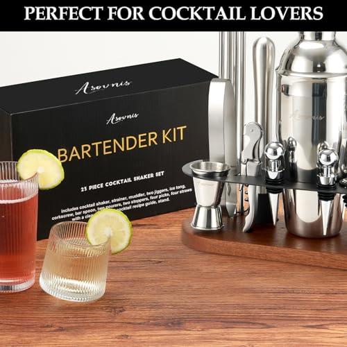 23-Piece Cocktail Shaker Set with Stand, 304 SS, Bartender Kit Gift | Complete Home Bar Set: Leak-proof Shaker, Jigger, Muddler, 18/8 Steel, Gift for beginners, cocktail lovers & house parties - color: brown-y