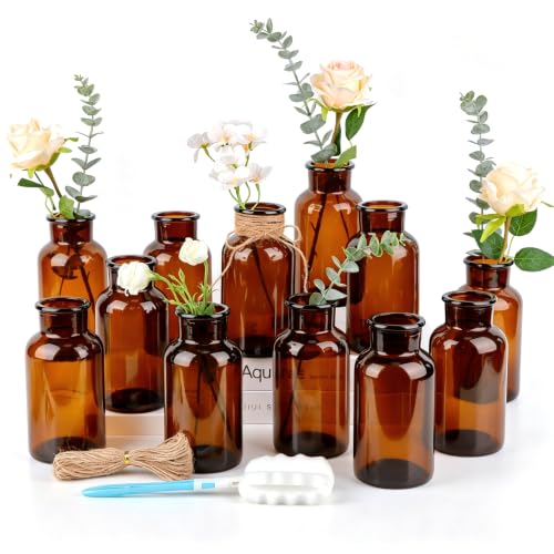 PINIWON Set of 12 Amber Bud Vases, Vintage Small Glass Vases | Medicine Bottles Apothecary Jars with Brush, Flower Vases for Home Decor, Wedding Centerpieces - color: Amber-12pack