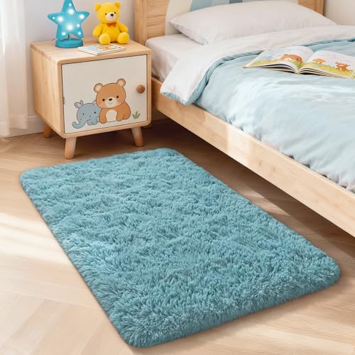 Modern Soft Fluffy Small Shaggy Rug for Bedroom Livingroom Dorm Kids Room Indoor Home Decorative, Non-Slip Plush Furry Fur Area Rugs Comfy Nursery Accent Floor Carpet 2x3 Feet, Turquoise Green - color: Turquoise Green, size: 2' x 3' (Rectangular)