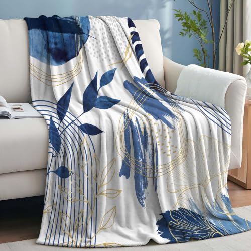 Blue Leaf Throw Blanket, Navy Blue and Gold, 60x80 in | Mid-Century Boho, Flannel, Decorative Patterned, Super Soft Cozy - color: Blue, size: 60"Wx80"L