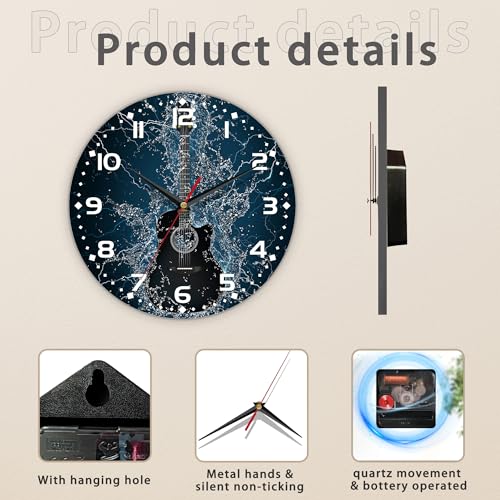 Electric Guitar Wall Clock - 10 Inch Wooden Art Hanging Clock, Silent Non-Ticking, Battery Operated, Round Home Arabic Numeral Decorative - color: Electric Guitar