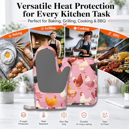 Rooster and Hen Oven Mitts and Pot Holders Sets Cute Chicken Non-Slip Silicone Surface for BBQ Gloves,Kitchen,Cooking,Baking,Grilling - color: Rooster and Hen
