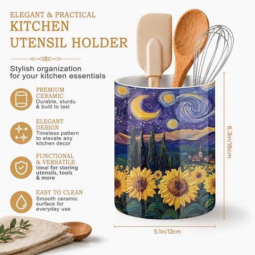 Starry Night Kitchen Utensil Holder,Sunflower Field Ceramic Utensil Crock for Countertop,Cooking Tools Storage jar for Spatulas and Spoons,Housewarming Gifts 6.3" - color: Starry Night Sunflower Field