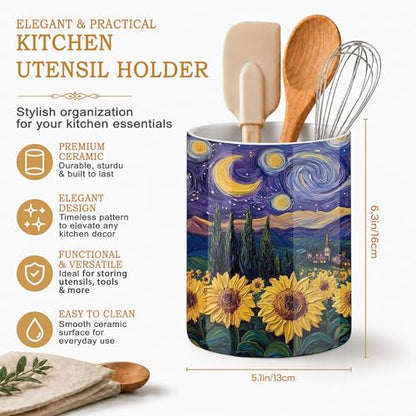Starry Night Kitchen Utensil Holder,Sunflower Field Ceramic Utensil Crock for Countertop,Cooking Tools Storage jar for Spatulas and Spoons,Housewarming Gifts 6.3" - color: Starry Night Sunflower Field