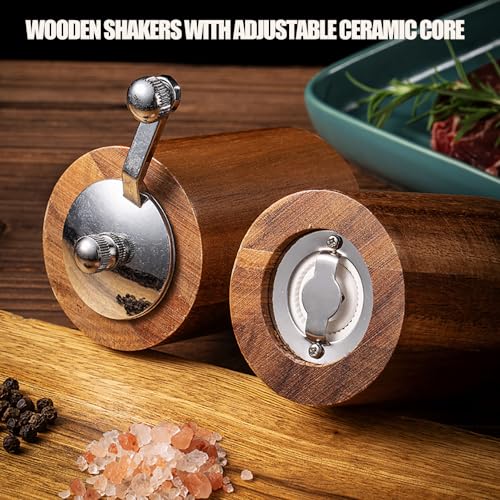 Acacia Wood Salt and Pepper Grinder Mills Sets,Wooden Shakers with Adjustable Ceramic Core,Classic Manual Salt Grinder Refillable Pepper Mill Set with a Gear Crank System for kitchen Spice