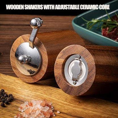 Acacia Wood Salt and Pepper Grinder Mills Sets,Wooden Shakers with Adjustable Ceramic Core,Classic Manual Salt Grinder Refillable Pepper Mill Set with a Gear Crank System for kitchen Spice