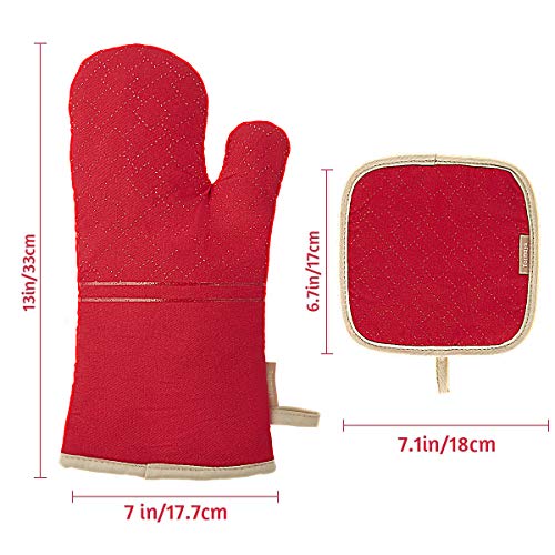 4Pcs Oven Mitts and Pot Holders Set, 572F Heat Resistant Oven Glove, Soft Cotton Lining with Non-Slip Surface for Kitchen Baking BBQ (Red) - color: Red