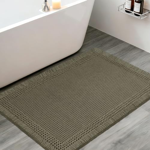 Upgraded Waffle Bath Mat, 36"x24" Greyish Green-Bordered, Super Absorbent Non-Slip Quick Dry Bathroom Rugs with Tassels, Machine Washable Ultra Soft Boho Bath Rugs, Toilet Mats Boho Farmhouse Decor - color: Greyish Green, size: 2' x 3' (Rectangular)