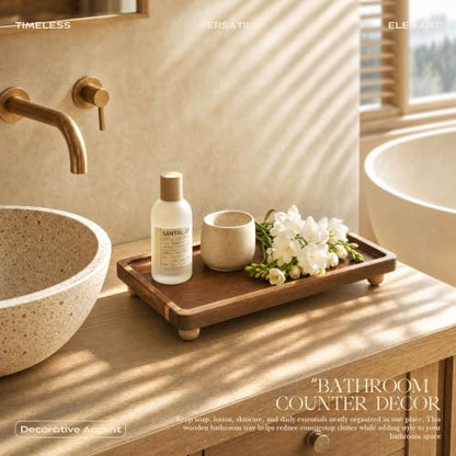 Acacia Wood Rustic Bathroom Tray for Kitchen Counter, Sink, Vanity, Brown | Acacia Wood, Raised ball feet, Rounded edge, Water-resistant finish, Wooden soap dish tray, Bathroom & kitchen organizer - color: Acacia Wood