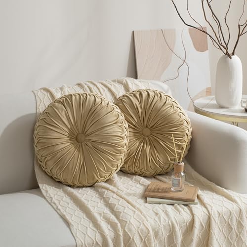 HIG Set of 2 Apricot Velvet Decorative Round Pleated Throw Pillows - color: Apricot