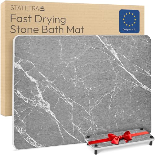 Stone Bath Mat Quick-Dry Absorbing Diatomaceous Earth Bath Mat | 2 Stone Mats - Large & Small Mat for Bathroom | Anti-Slip Diatomaceous Bathmat 100% Natural Bathroom Rug Stones (Gray Marble)