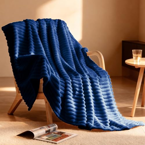 Nookly Navy Twin Size Fleece Blanket, Soft Lightweight Ribbed Plush Bed Blanket, Cozy All-Season Striped Fleece Twin Throw for Bedroom and Home, 60x80 Inches - color: Navy, size: Twin(60"x80")