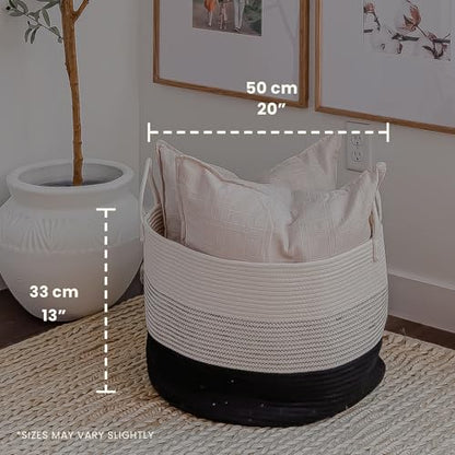 OrganiHaus Round Toy Basket & Blanket Basket, Cotton Rope 20x13" | 3-Toned Black - Round Cotton Rope Basket, 20x13" - color: 3-toned Black, size: Wide
