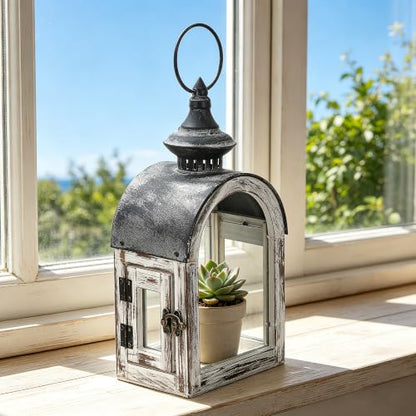 12" High Wooden Dome Lantern Made of Solid Fir Wood and Real Glass in Whitewash Finish with Grey Metal Top, Hurricane Lantern, Farmhouse Lantern (Whitewash, 6"x4.4") - color: Whitewash, size: 6"x4.4"