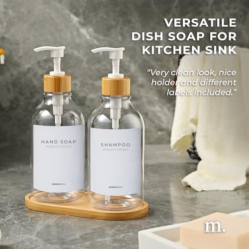 MaisoNovo Hand and Dish Soap Dispenser for Kitchen Set of 2-16.9oz Clear Dish and Hand Soap Dispenser Set for Kitchen - Clear Plastic Bottles x 2 with White Bamboo Pumps & Tray - color: Plastic Clear Bottles/White Bamboo Pumps