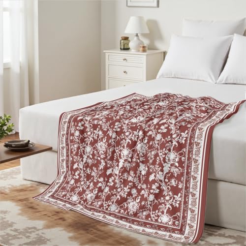 Red Fuzzy Blanket Vintage Chinoiserie Flower Throw Blanket All Season Lightweight Soft Cozy Flannel Blanket, Retro Decor Throw for Home Bed Sofa Couch Chair, 50 x 60 Inch - color: Red White Floral, size: 60 x 50 inches