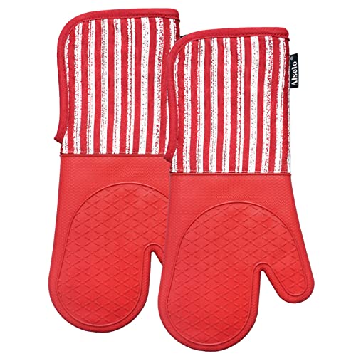 Alselo Silicone Oven Mitts Heat Resistant 932℉ with Waterproof & Non-Slip | Kitchen Mittens Set of 2,Extra Long 7.5"x15" Oven Gloves with Soft Cotton Terry Lining for Baking Cooking BBQ(Red,2) - color: Red