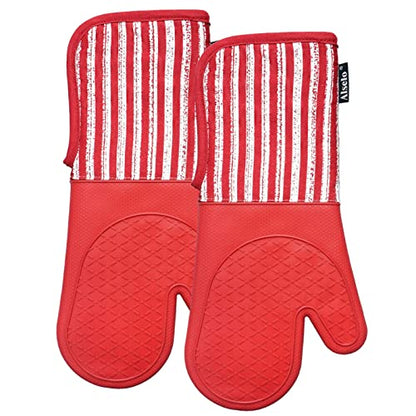 Alselo Silicone Oven Mitts Heat Resistant 932℉ with Waterproof & Non-Slip | Kitchen Mittens Set of 2,Extra Long 7.5"x15" Oven Gloves with Soft Cotton Terry Lining for Baking Cooking BBQ(Red,2) - color: Red