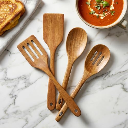 Acacia Wood Kitchen Utensils Set Non Toxic Wooden Spoon for Cooking Spatula | Large Cooking Utensil Teak Slotted Spoon Ladle Kitchen Tool Flat Wood Spatula Turner Mixing Serving Spoons Wooden Utensils - color: 4 PCS SET