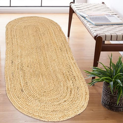 Hand Woven Natural Jute Braided Rug – 2x5 Runner Oval| Rustic Boho Farmhouse Style | Solid Natural Fiber Rug for Hallway, Entryway, Kitchen, Bedroom, Dining Room, Study, Office - size: 2' x 5' (Oval)