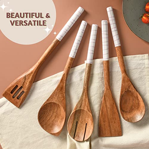 Folkulture Wooden Spoons for Cooking,Kitchen Utensils Set of 5(12") | Smooth Finish, Soft, Comfort, Durable, Non Toxic, Non Stick, Acacia Wooden Spoons, Cooking Gifts for Women,Kitchen Essentials - color: White Check