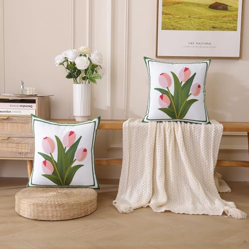 LUOYEHK Embroidered Throw Pillow Covers 18x18 Inch Set of 2 Pink Tulip Flower Spring Pillowcases Farmhouse Floral Square Cushion Covers for Couch Sofa Bed Living Room - color: Pink Tulip