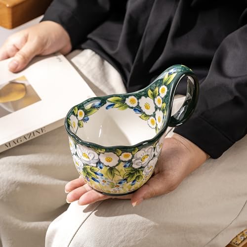 Hand-Painted Floral Ceramic Mug, 18oz Soup Bowl, Large Stoneware Cup with Unique Handle, Bohemian Style for Coffee, Tea, Soup, Microwave Dishwasher Safe, Mom Women - color: Hand-Painted Jasmine & Wild Rose Floral Pattern