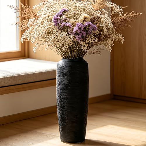 Black Rustic Ceramic Floor Vase, 19.7 Inch, Ribbed Texture | Living Room, Entryway, Fireplace, Pampas Grass, Dried Branches - size: 19.7 Inch