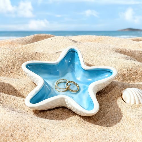 Starfish Ceramic Jewelry Trinket Tray, Blue White Decorative Ring Holder Dish for Rings, Earrings, Necklaces, Bracelets, Watches, Keys - style: Starfish