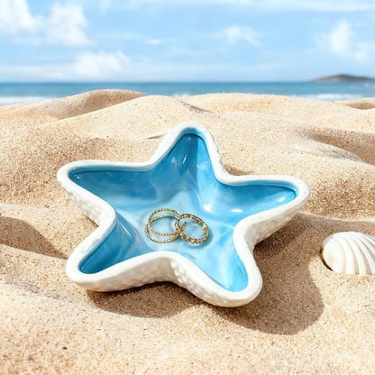 Starfish Ceramic Jewelry Trinket Tray, Blue White Decorative Ring Holder Dish for Rings, Earrings, Necklaces, Bracelets, Watches, Keys - style: Starfish