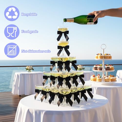 50 Sets Champagne Coupe Cocktail Glasses, 4oz Small Acrylic Martini Glasses with Satin Ribbon Black Bow, Plastic Margarita Martini Cups, Reusable Champagne Cups for Party, Home, Bar, Wedding