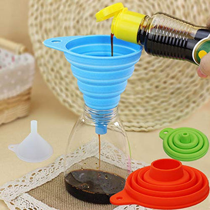 KongNai 4 Sizes Kitchen Funnel Set, Food Grade Silicone Collapsible Funnel, Funnels for Kitchen Use Filling Bottles, Canning, Cooking, and Water Powder Transfer