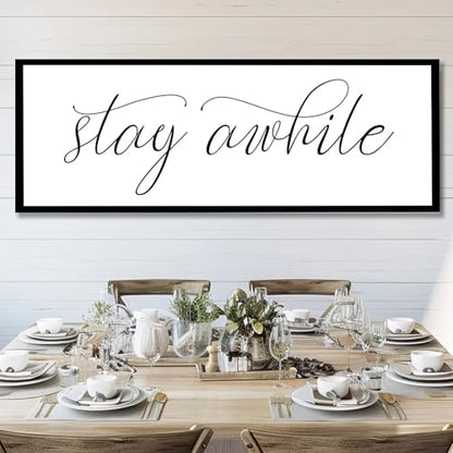 Rutiyoka Stay Awhile Sign Framed Farmhouse Dining Room Wall Decor Large 42"×15" Wood Kitchen Wall Art Black - color: stay awhile (black frame)