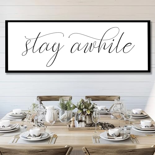 Rutiyoka Stay Awhile Sign Framed Farmhouse Dining Room Wall Decor Large 42"×15" Wood Kitchen Wall Art Black - color: stay awhile (black frame)