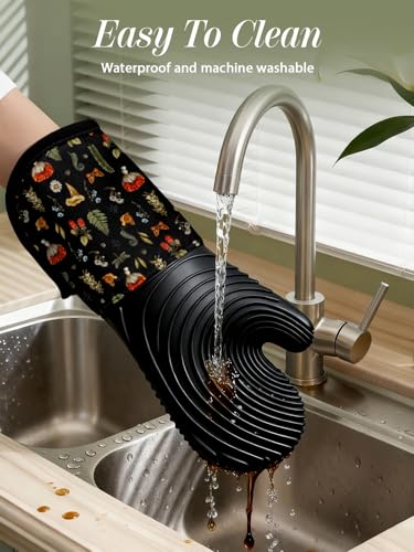 Slohif Long Silicone Oven Mitts Heat Resistant for Women - 2 Pcs Black Mushroom 100% Cotton Oven Gloves, Non-Slip and Waterproof Silicone Oven Mitts with Hanger for Baking and Cooking - color: Black Mushroom