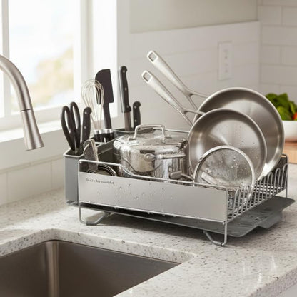 KitchenAid Large Capacity Full Size Rust Resistant Dish Rack with Angled Drain Board and Removable Flatware Caddy, Light Grey - color: Gray, size: Full Size