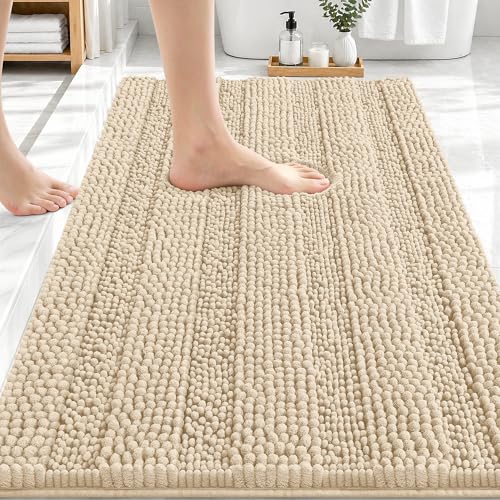 OLANLY Thick Bathroom Rugs 30x20, Soft Chenille Striped Bath Rugs, Beige | Rubber Backing, Machine Wash, Extra Absorbent Bath Mats for Bathroom Floor, Tub and Shower, Home Decor Accessories - color: Beige, size: 30" X 20"