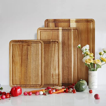 Large Solid Acacia Wooden Chopping Board Set of 4 for Kitchen | FSC-certified Wood Cutting Board Set of 4(16x12, 14x10, Double 11x8 inch)Juice Groove,Handles,Non-slip Mats,Thick,Reversible - size: 16"L x 12"W