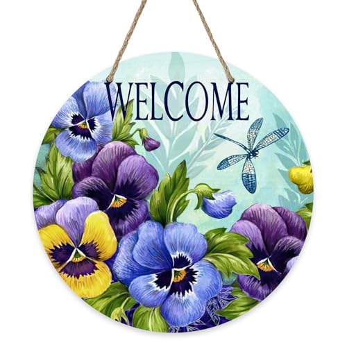 Deroro Welcome Spring Summer Floral Flower Sign for Front Door Decor | Pansy Dragonfly Wood Door Hanger for Outdoor Outside Porch, Seasonal Vintage Wooden Wreath Indoor Wall Hanging Decoration - color: Purple