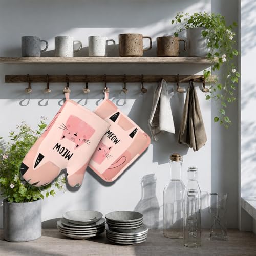 Cute Pink Cat Oven Mitts and Pot Holders Sets Smile Face Silicone Heat Resistant Kitchen Oven Gloves Pot Holder for Cooking Baking Grilling BBQ - color: Cute Pink Cat