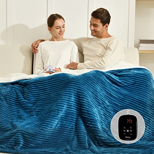 Bearhug Electric Heated Blanket, 62"x84" Ribbed Flannel & Sherpa Fast Heating Blanket, 10 Heating Levels & 1-12H Auto Off, Over-Heat Protect, ETL, Machine Washable - color: Navy Blue-flannel & Sherpa, size: Twin Size 62" × 84"