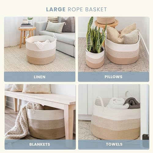 OrganiHaus Round Toy Basket & Blanket Basket, Cotton Rope 20x13" | 3-Toned Honey - Round Cotton Rope Basket, 20x13" - color: 3-toned Honey, size: Wide