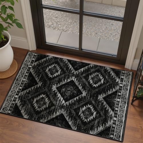 2'x3'Washable Samll Rug for Living Room Black | Western No Slip Low Pile Print Foldable Indoor Small Rug for Kitchen entryway doormat - color: Black, size: 2' x 3' (Rectangular)