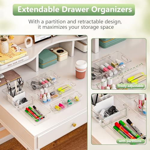 BLULEE 4-in-1 Expandable Drawer Organizer Set, Adjustable Clear Bins | with Dividers for Kitchen, Bathroom, Vanity & Office, Scalable Trays for Cosmetics, Utensils & Desk Accessories (16 Pcs) - size: 16 PCS