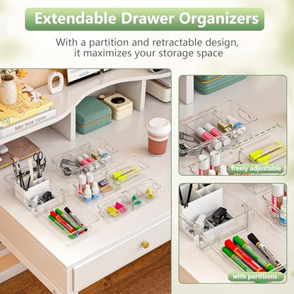 BLULEE 4-in-1 Expandable Drawer Organizer Set, Adjustable Clear Bins | with Dividers for Kitchen, Bathroom, Vanity & Office, Scalable Trays for Cosmetics, Utensils & Desk Accessories (16 Pcs) - size: 16 PCS