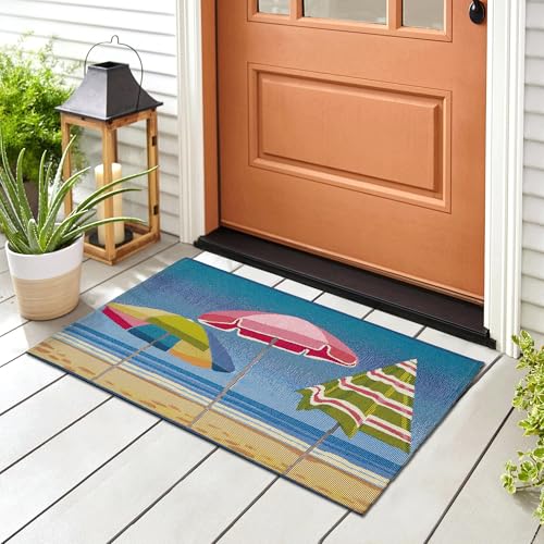 Liora Manne ESENCIA Indoor/Outdoor Power Loomed Latex Back Non Slip Mat - Transitional Graphic Coastal Beach Colorful (Beach Umbrella Blue) (2' x 2'10") - color: Beach Umbrella Blue, size: 2' x 2'10" (Rectangular)